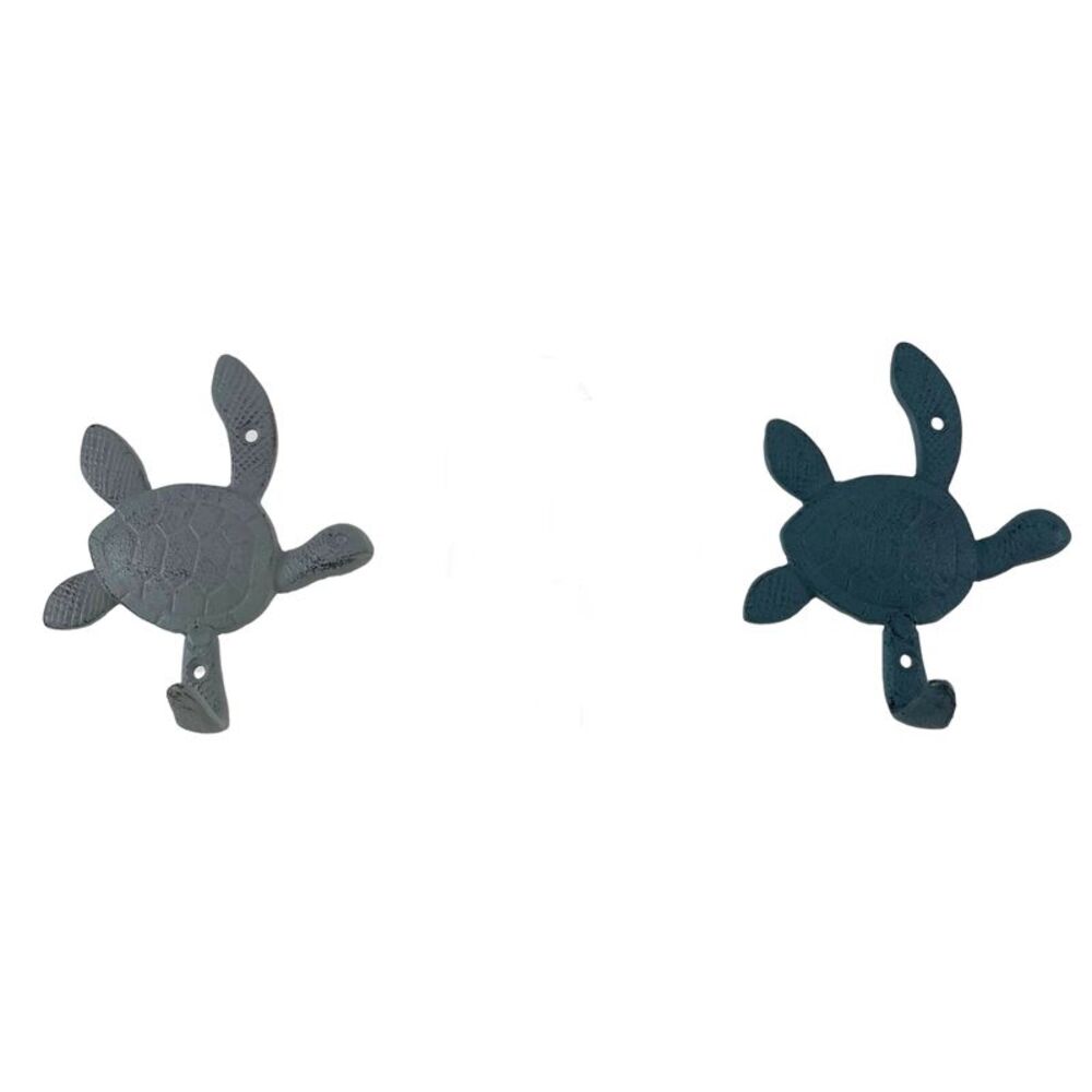 Set of 2 Decorative Cast Iron Sea Turtle Wall Hook Set – Coastal Blue and Gray